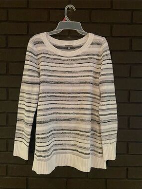 Talbots White and Black Striped Scoop Neck Sweater